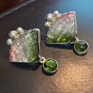 Carved watermelon tourmaline fan earrings in sterling silver by Amy Kahn Russell